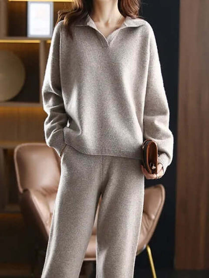 Women's Oversized Two-Piece Set – Sweater with Polo Collar and Straight Pants