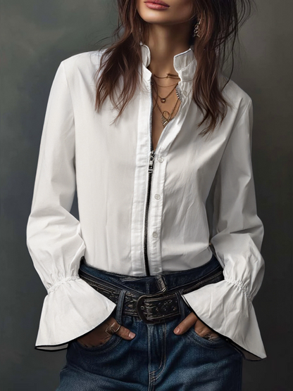 Ladies' White Shirt with Zipper Closure and Ruffled Sleeves