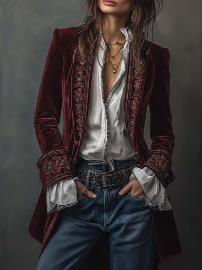 Dames Lange Fluwelen Jas met Borduursels