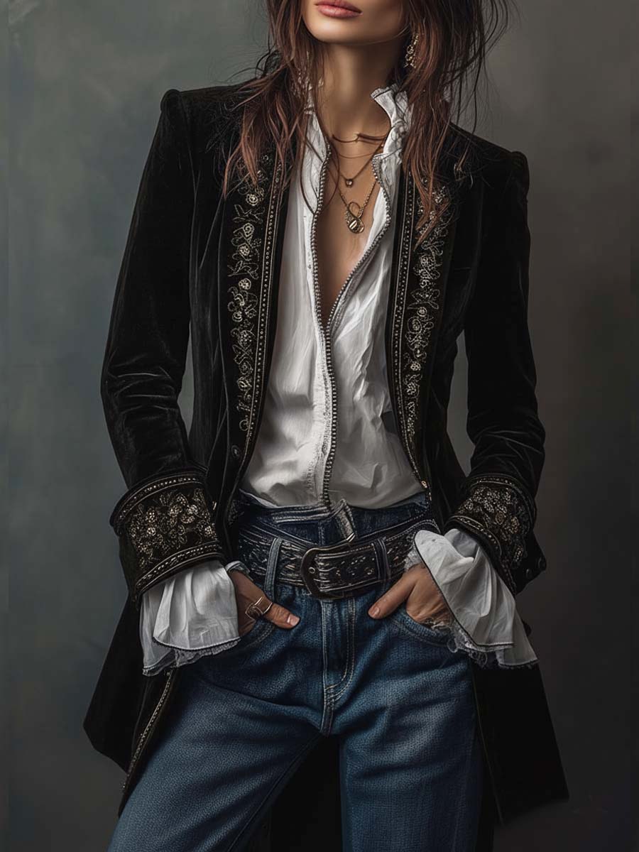 Dames Lange Fluwelen Jas met Borduursels