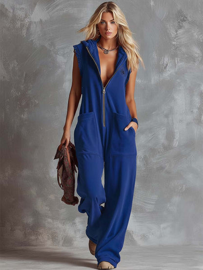 Dames Sportieve Katoenen Jumpsuit met Capuchon en Rits – Framboosrood