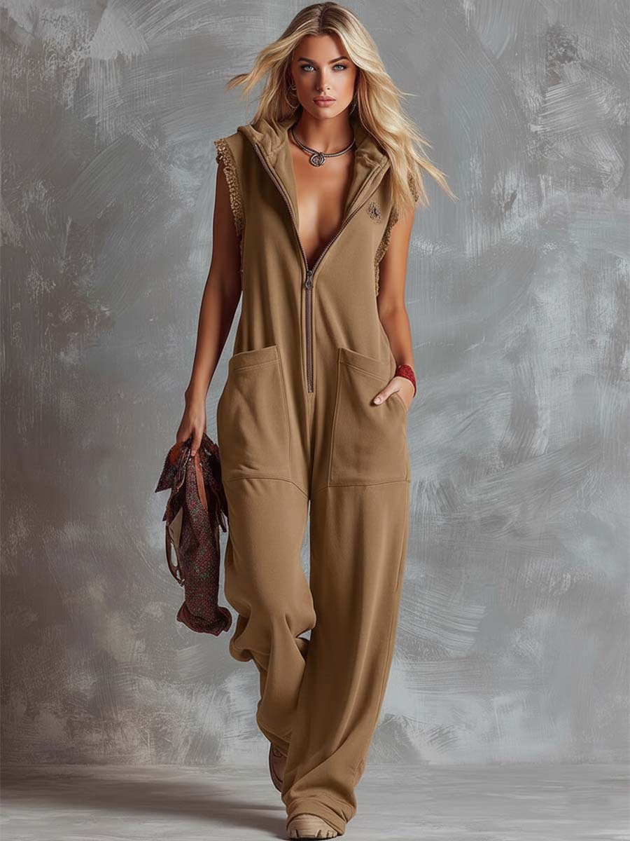 Dames Sportieve Katoenen Jumpsuit met Capuchon en Rits – Framboosrood