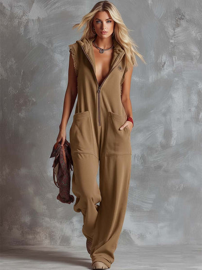 Dames Sportieve Katoenen Jumpsuit met Capuchon en Rits – Framboosrood