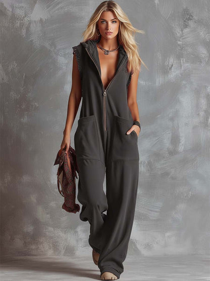 Dames Sportieve Katoenen Jumpsuit met Capuchon en Rits – Framboosrood