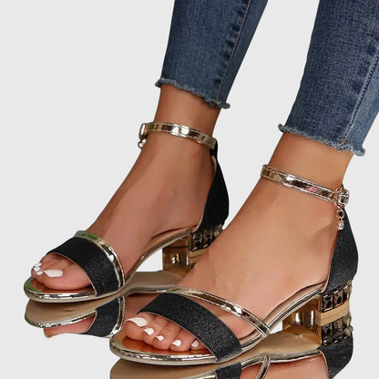 Dames Sandalen met Blokhak | Enkelband & Metallic Details | Elegante Comfort Hak-Schoenen – Dames – Sandalen – Hak Sandalen-Myna Mode-Zwart-US 5 - UK 3-Myna Mode