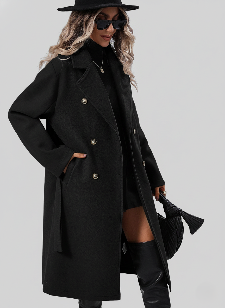 Sienna A-Lijn Trenchcoat – Dubbelrijige Jas met Ceintuur-Dameskleding > Jassen > Trenchcoats-Myna Mode-Zwart-S-Myna Mode