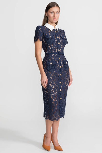 Ladies' Mid-Length Dress of Floral Lace with Collar and Waist Belt – Navy Blue