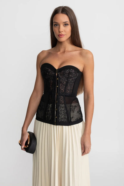 Strapless Kanten Corsettop met Baleinen en Haaksluiting – Zwart