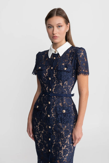 Ladies' Mid-Length Dress of Floral Lace with Collar and Waist Belt – Navy Blue