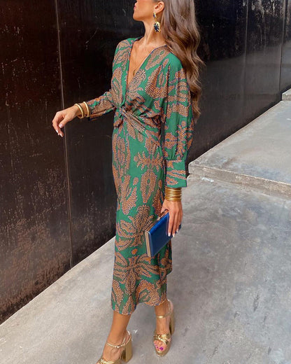 Women's Midi Dress | V-Neck & Draped Waist | Elegant Print Dress