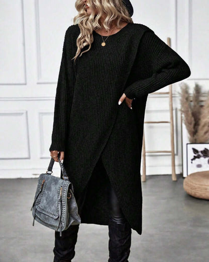 Women's Knitted Sweater Dress with Patchwork and Long Sleeves