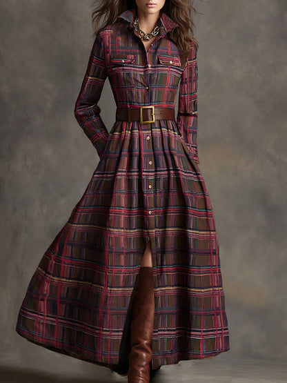 Damen Maxikleid mit Reverskragen und rotbraunem Karomuster inklusive Gürtel