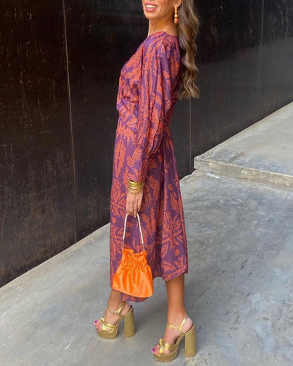 Women's Midi Dress | V-Neck & Draped Waist | Elegant Print Dress
