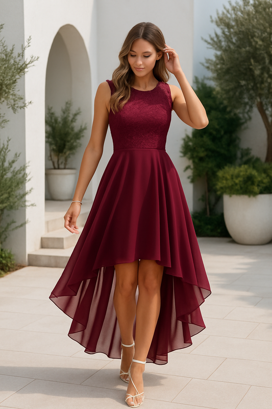 Celeste | Elegante High Low Jurk voor Bruiloften en Feesten-Dameskleding > Jurken > Elegante High Low Jurken-Myna Mode-Bourgondië-XS-Myna Mode