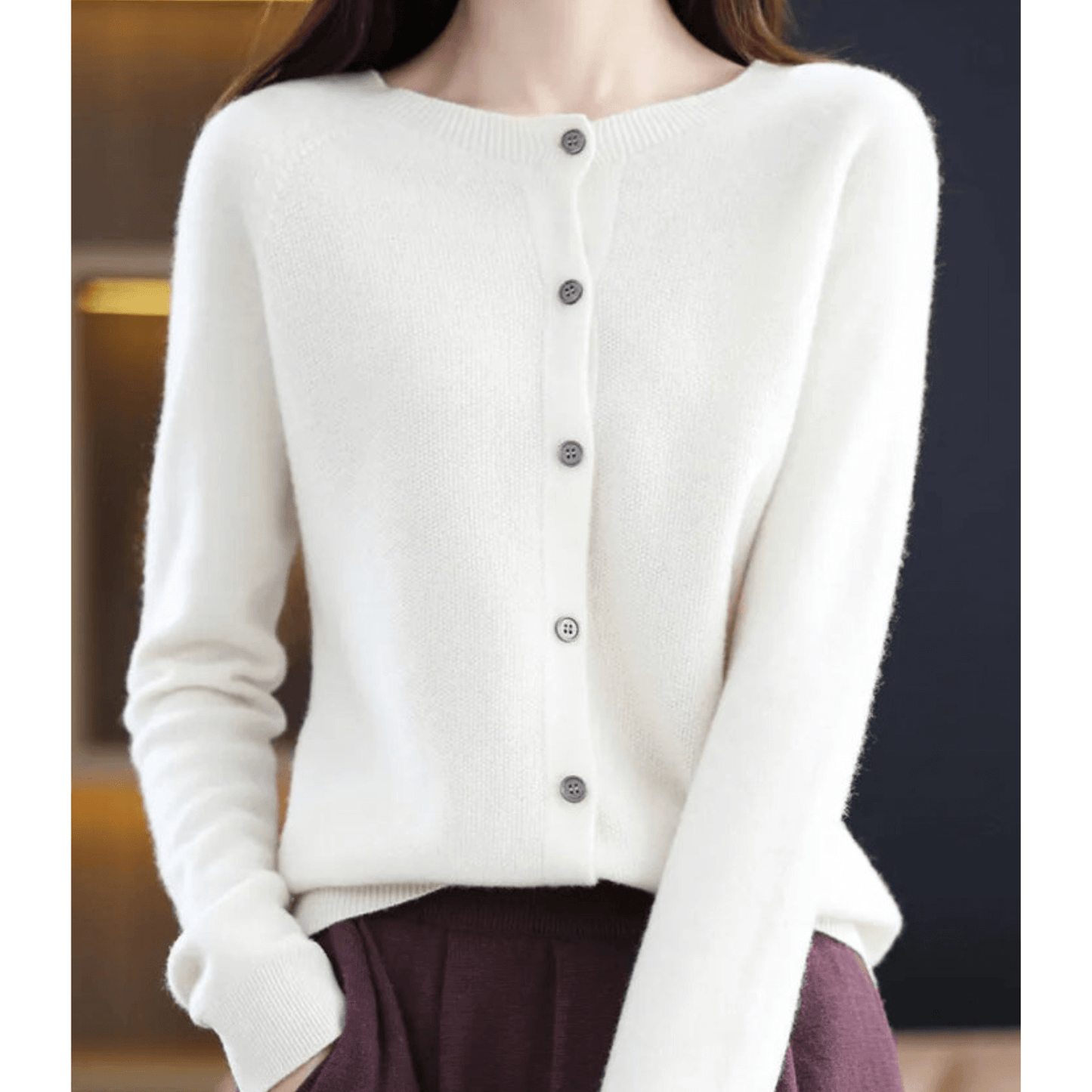 Ladies Fine Knit Cardigan with Round Neck – Woolly Look