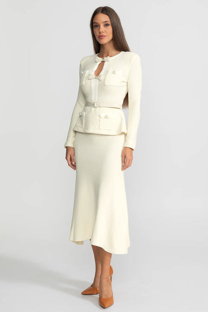 Tweed Peplum Gebreide Midi Jurk – Ivoire