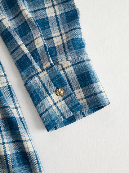 Damen Maxikleid mit Reverskragen und rotbraunem Karomuster inklusive Gürtel