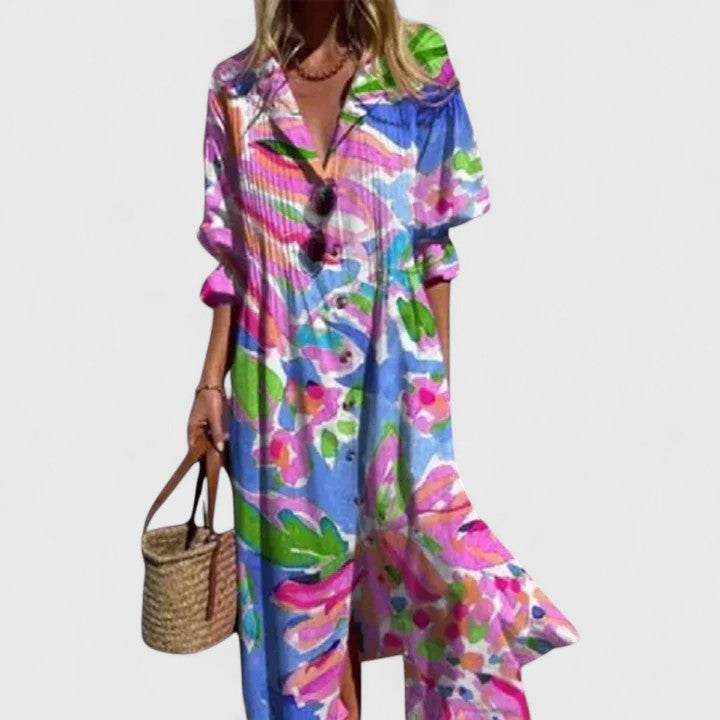 Dames Maxi Shirtjurk | Bloemenprint & Relaxed Pasvorm-Kleding – Dames – Jurken – Shirtjurken-Myna Mode-Roze-S-Myna Mode