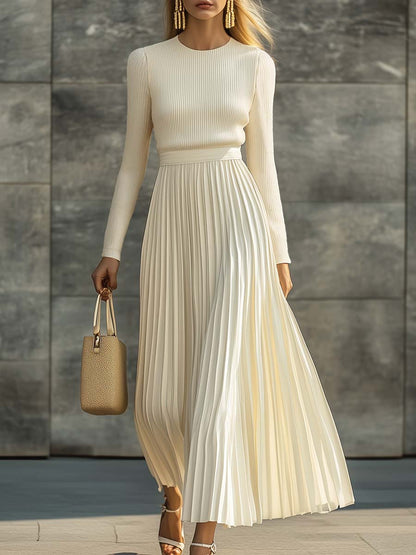 Ladies Cream Maxi Dress with Knitted Top and Pleated Satin Hem