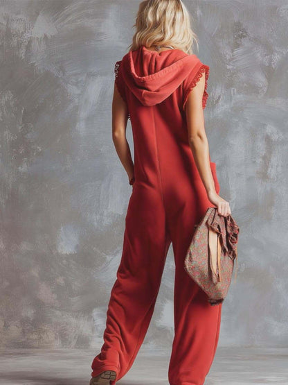 Dames Sportieve Katoenen Jumpsuit met Capuchon en Rits – Framboosrood