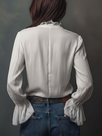 Ladies' White Shirt with Zipper Closure and Ruffled Sleeves