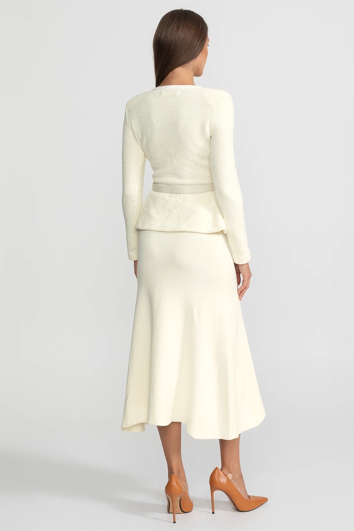 Tweed Peplum Gebreide Midi Jurk – Ivoire
