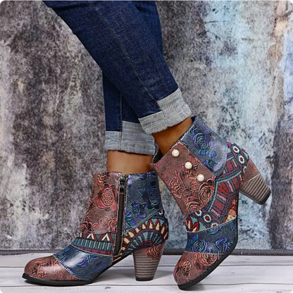 Women's Patchwork Ankle Boots with Heel - Colorful and Trendy