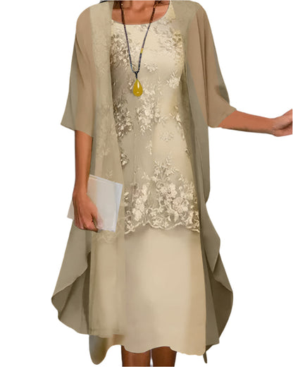 Evelyne | Elegant Chiffon Midi Dress with Jacket for Weddings and Parties