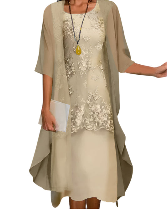 Evelyne | Elegant Chiffon Midi Dress with Jacket for Weddings and Parties