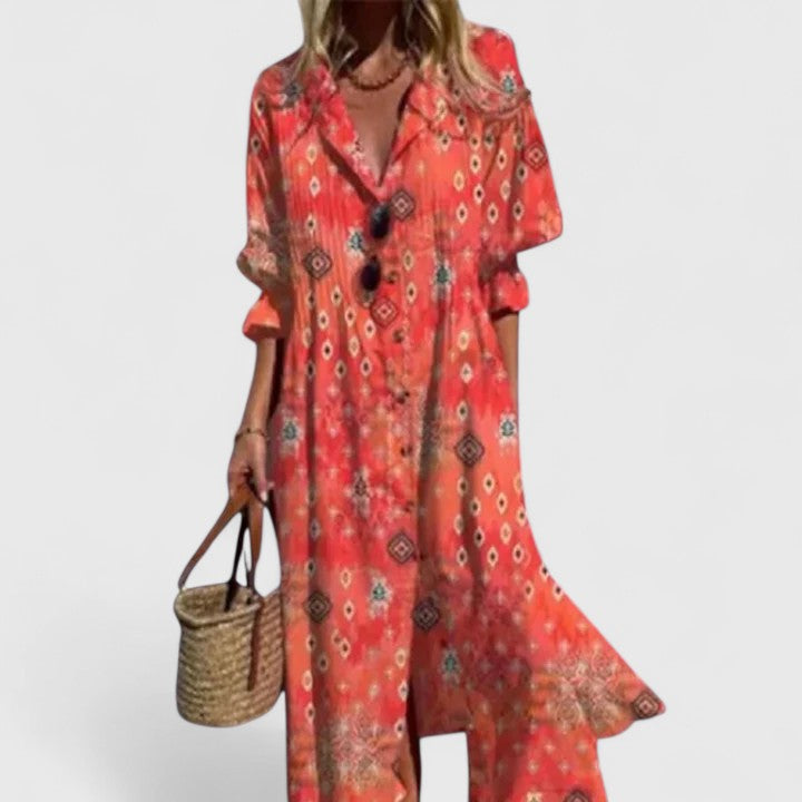 Dames Maxi Shirtjurk | Bloemenprint & Relaxed Pasvorm-Kleding – Dames – Jurken – Shirtjurken-Myna Mode-Rood-S-Myna Mode
