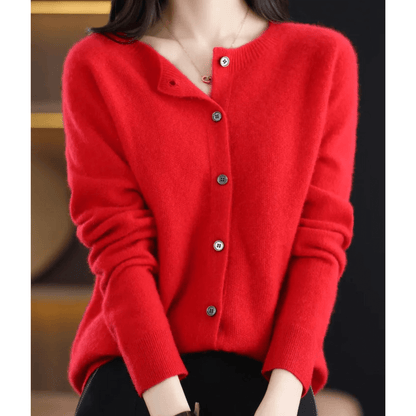 Ladies Fine Knit Cardigan with Round Neck – Woolly Look