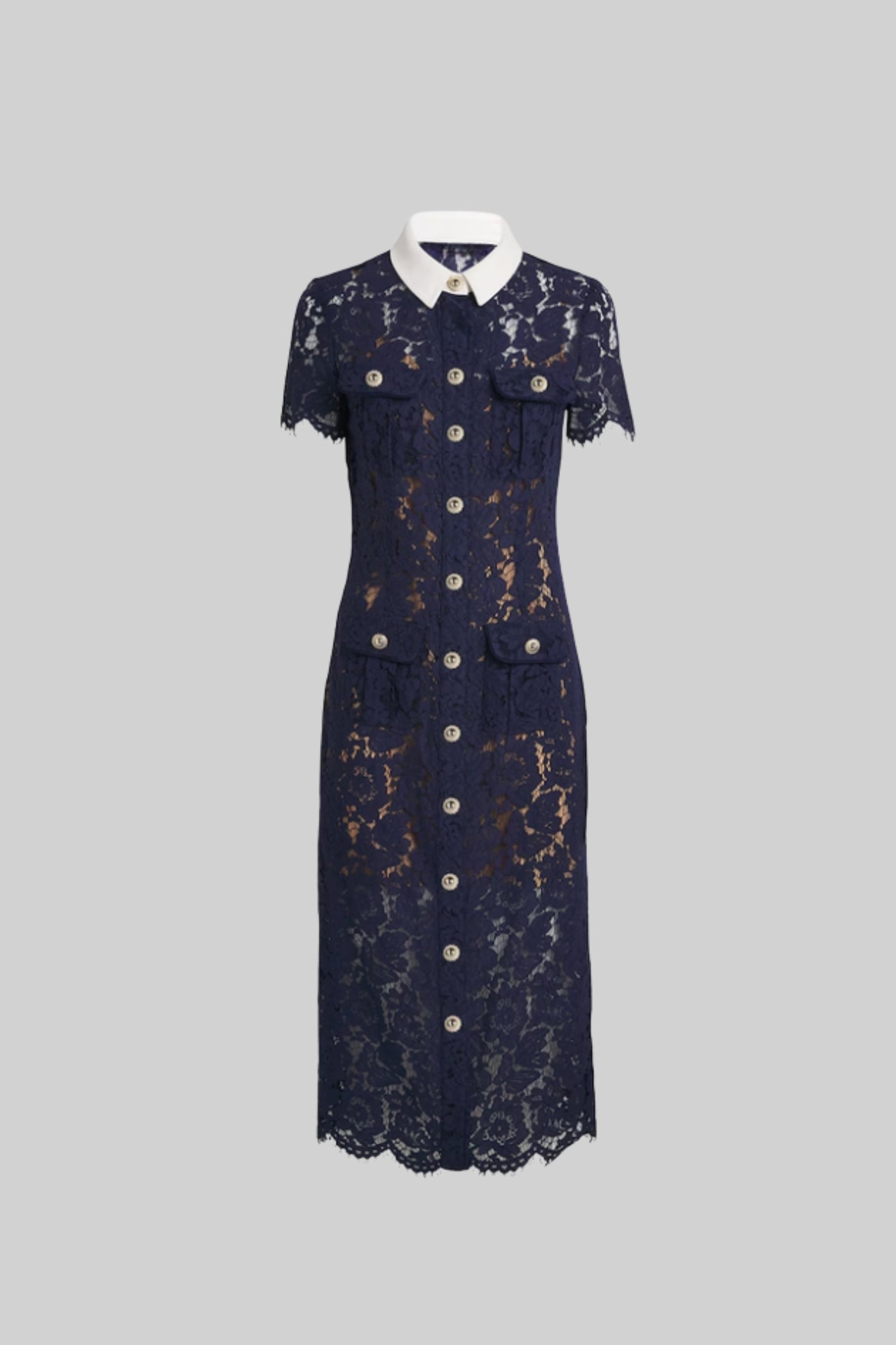 Ladies' Mid-Length Dress of Floral Lace with Collar and Waist Belt – Navy Blue