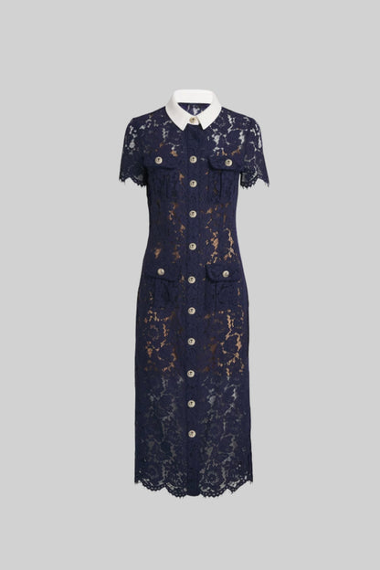 Ladies' Mid-Length Dress of Floral Lace with Collar and Waist Belt – Navy Blue