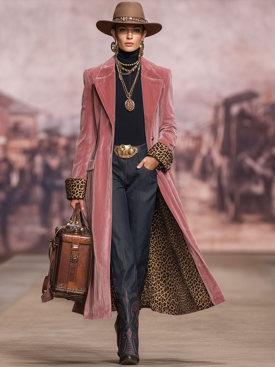 Ladies Velvet Coat with Lapel and Leopard Print – Single Breasted