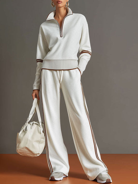 Ladies' Vintage Athletic Outfit with Half-Zip Pullover and Wide Trousers