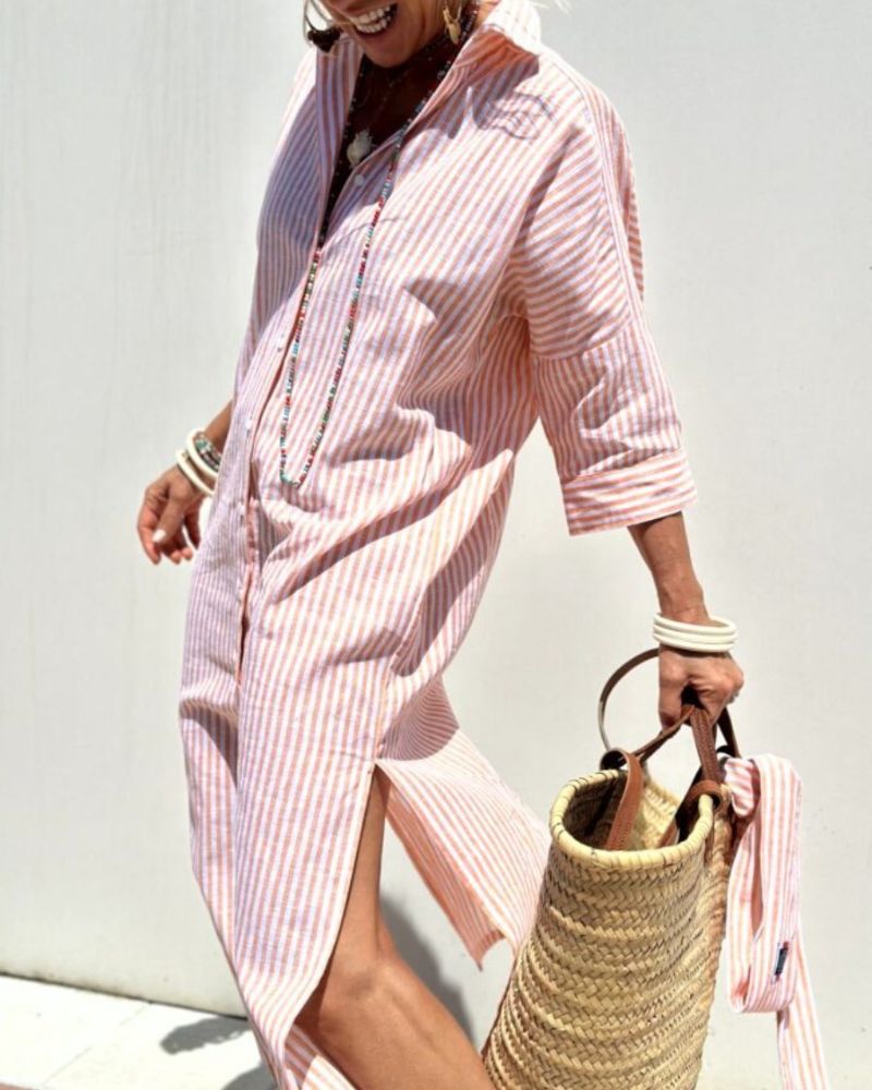Colen - Striped Women's Shirt Dress with Lace-Up Closure