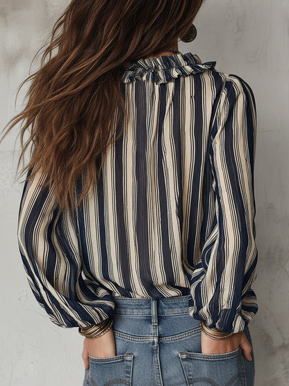 Serena – Dames Chiffon Blouse met Strepen en Ruches