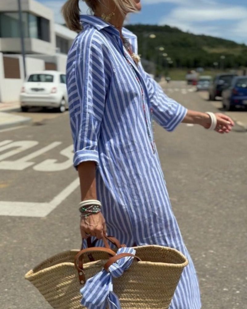 Colen - Striped Women's Shirt Dress with Lace-Up Closure