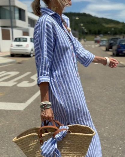 Colen - Striped Women's Shirt Dress with Lace-Up Closure