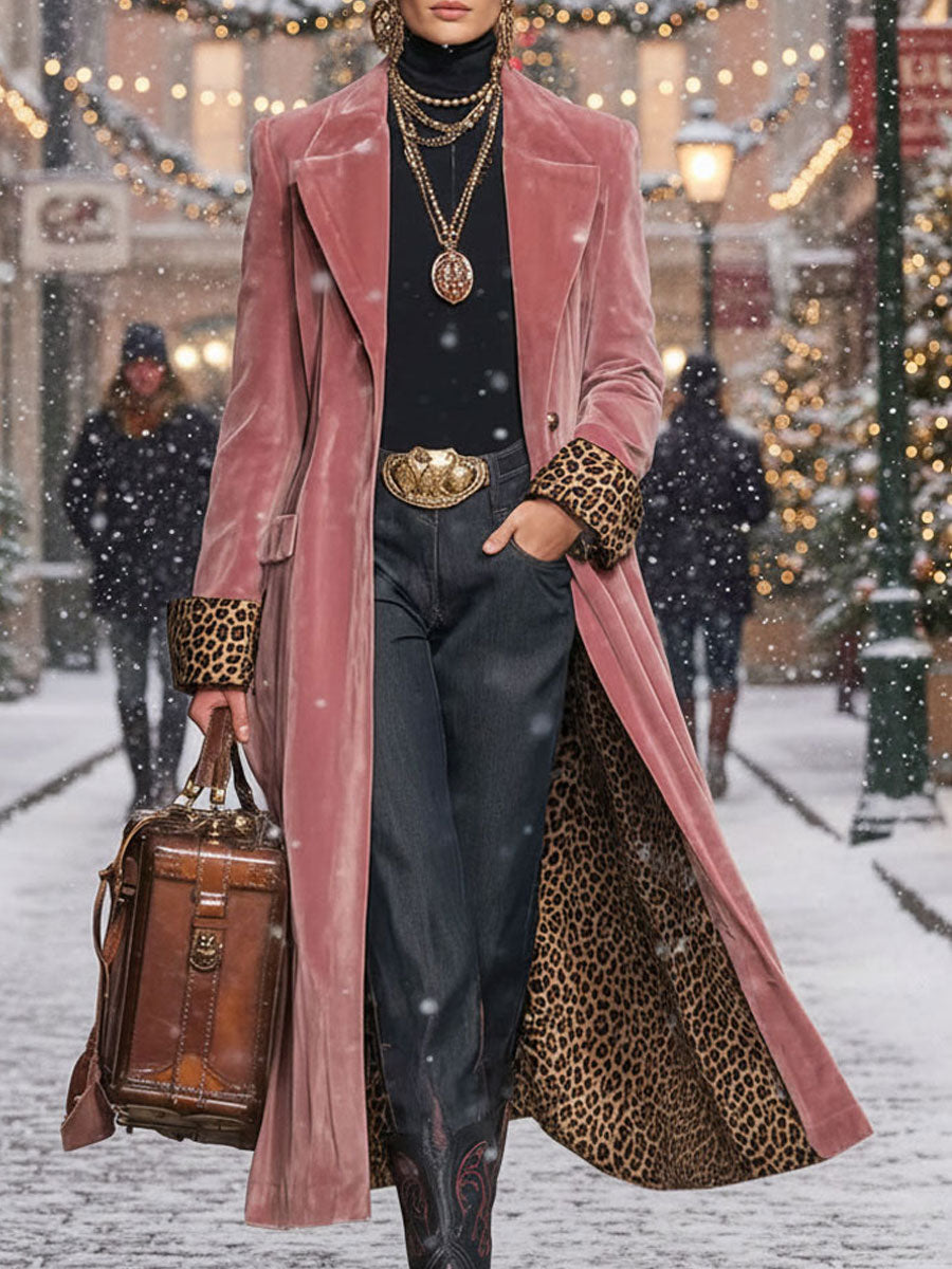 Ladies Velvet Coat with Lapel and Leopard Print – Single Breasted