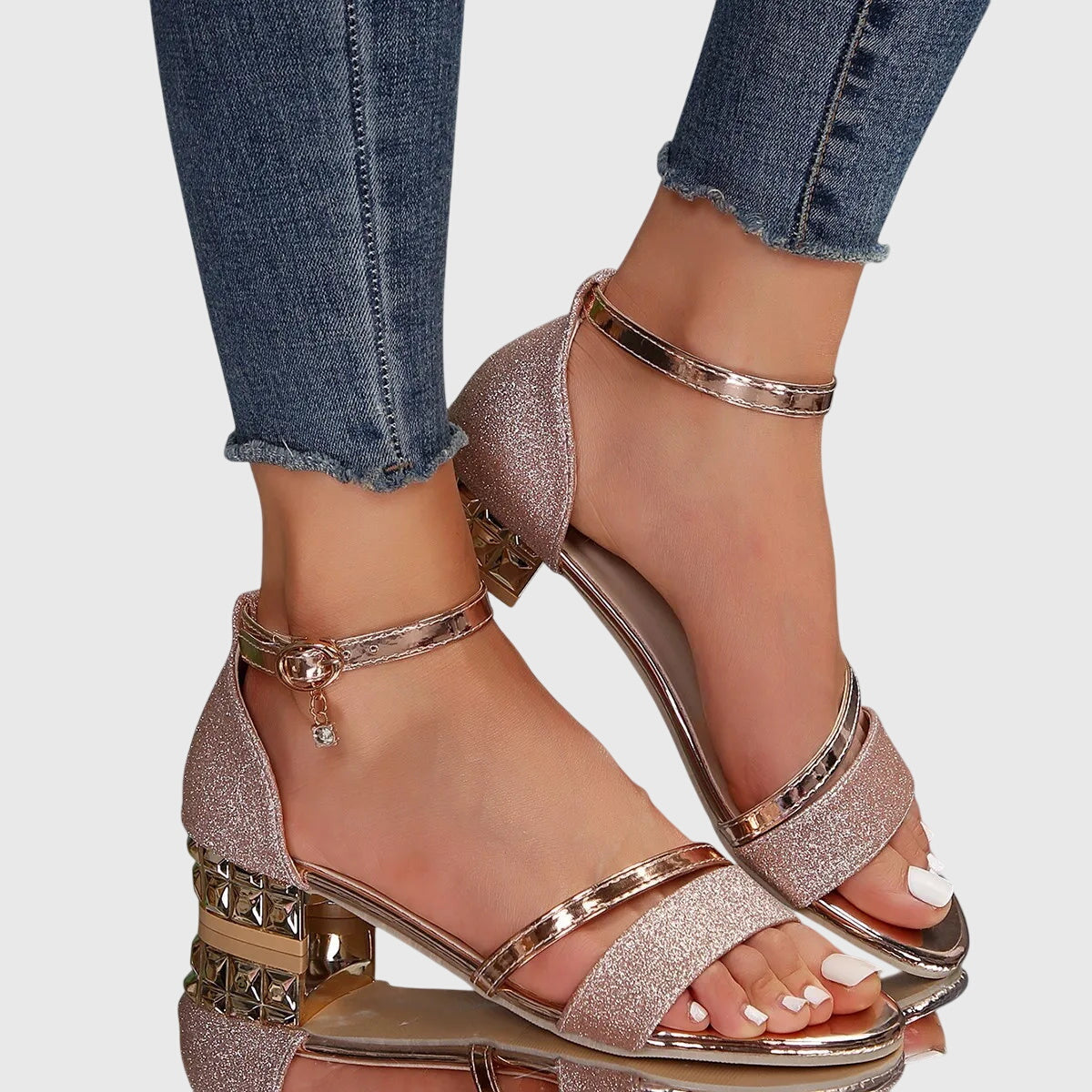 Dames Sandalen met Blokhak | Enkelband & Metallic Details | Elegante Comfort Hak-Schoenen – Dames – Sandalen – Hak Sandalen-Myna Mode-Zwart-US 5 - UK 3-Myna Mode
