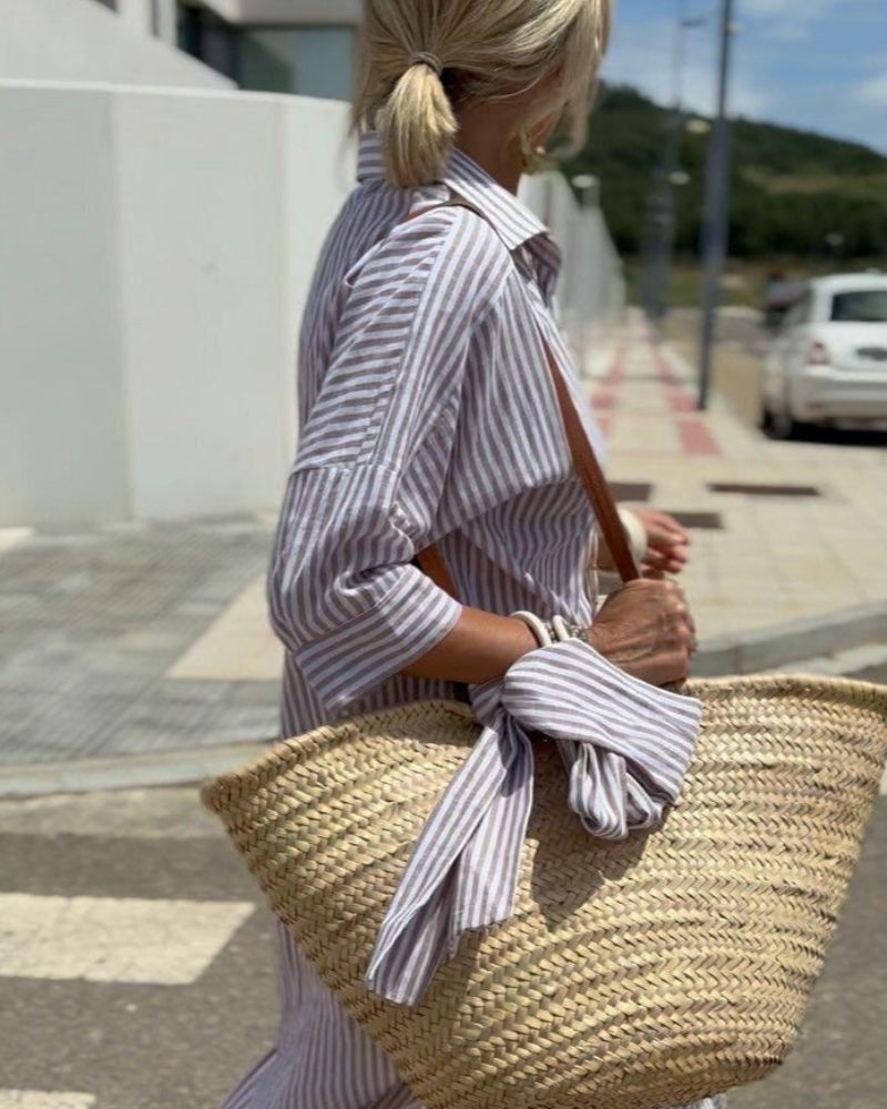 Colen - Striped Women's Shirt Dress with Lace-Up Closure