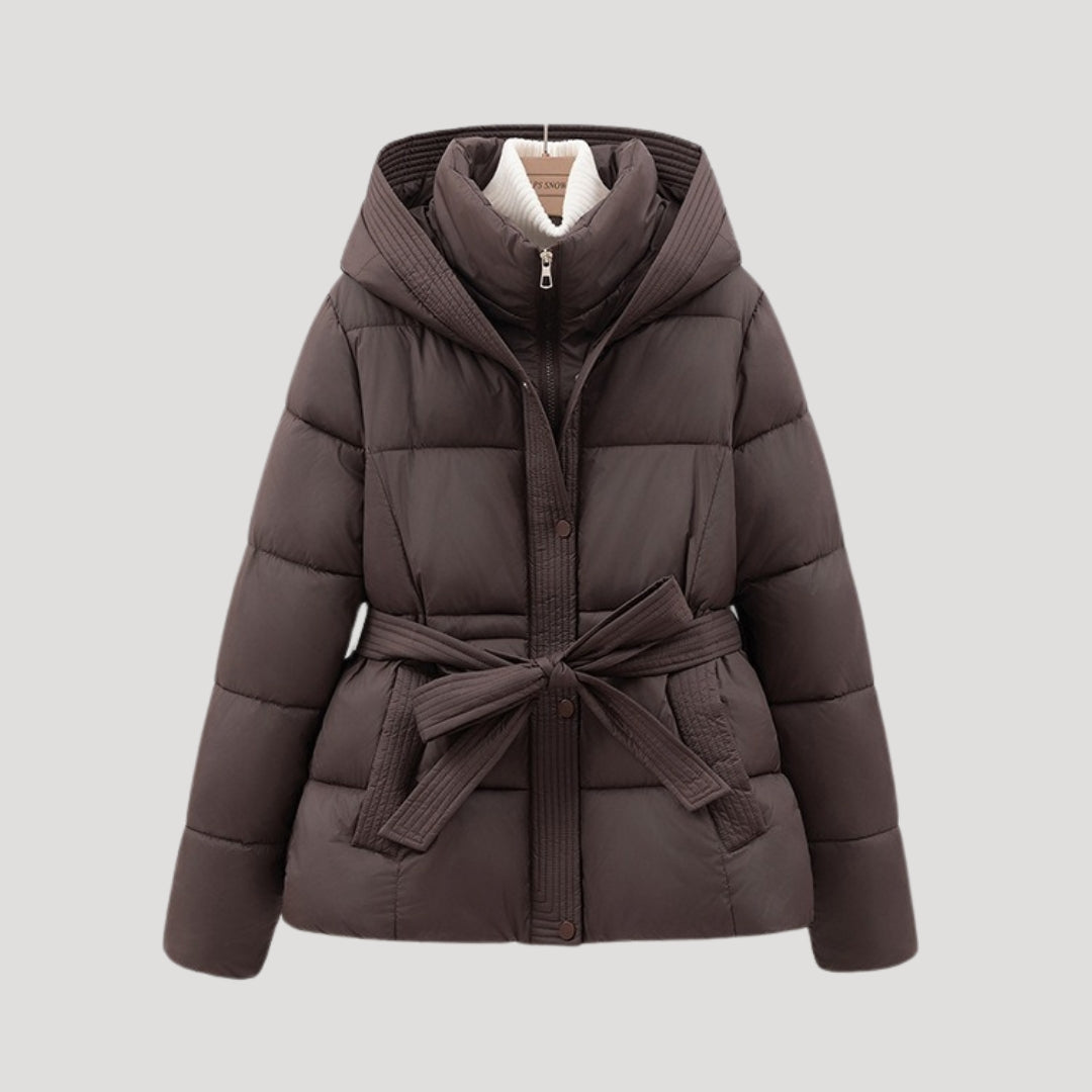 Ladies Quilted Winter Coat with Hood and Waist Belt