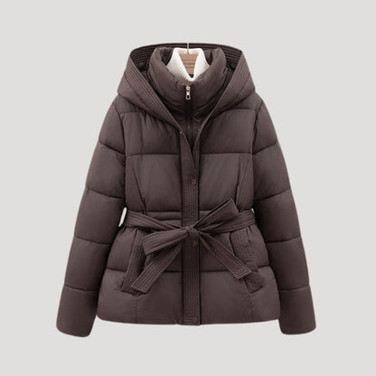Ladies Quilted Winter Coat with Hood and Waist Belt