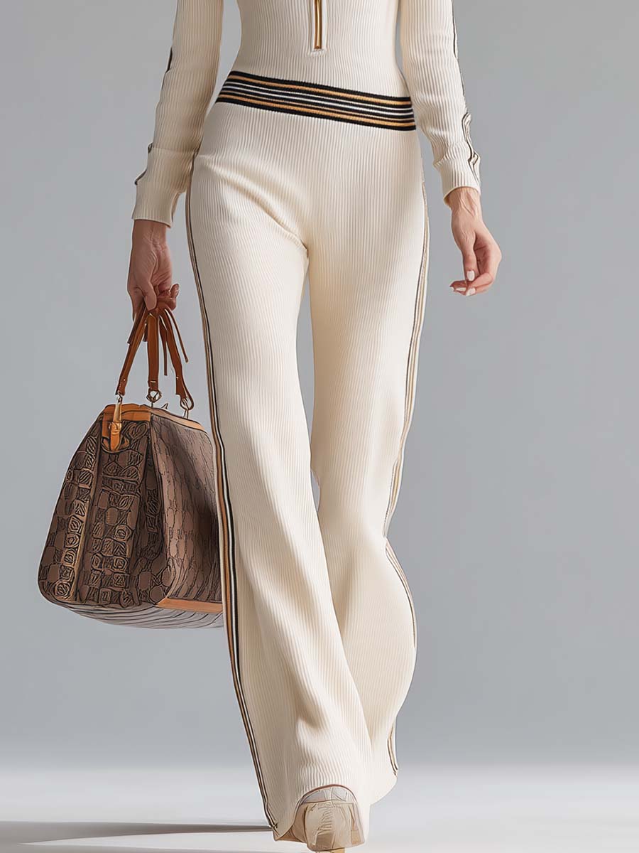 Ladies Knitted One-Piece Suit with Hood and Zipper – Offwhite