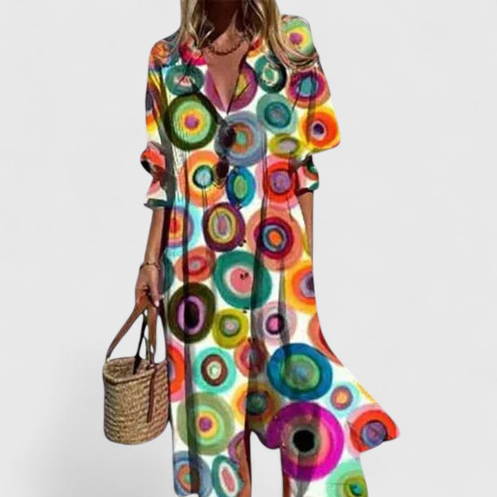 Dames Maxi Shirtjurk | Bloemenprint & Relaxed Pasvorm-Kleding – Dames – Jurken – Shirtjurken-Myna Mode-Veelkleurig 2-S-Myna Mode