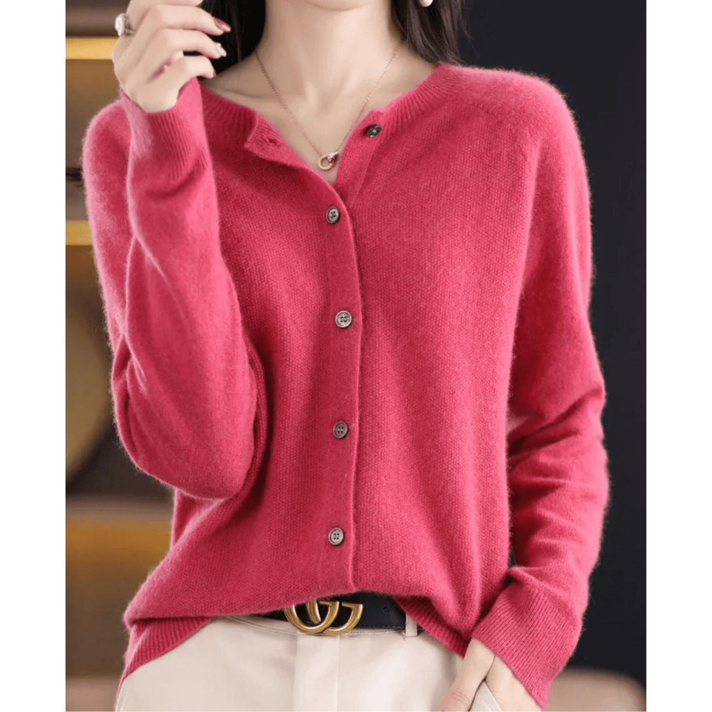 Ladies Fine Knit Cardigan with Round Neck – Woolly Look
