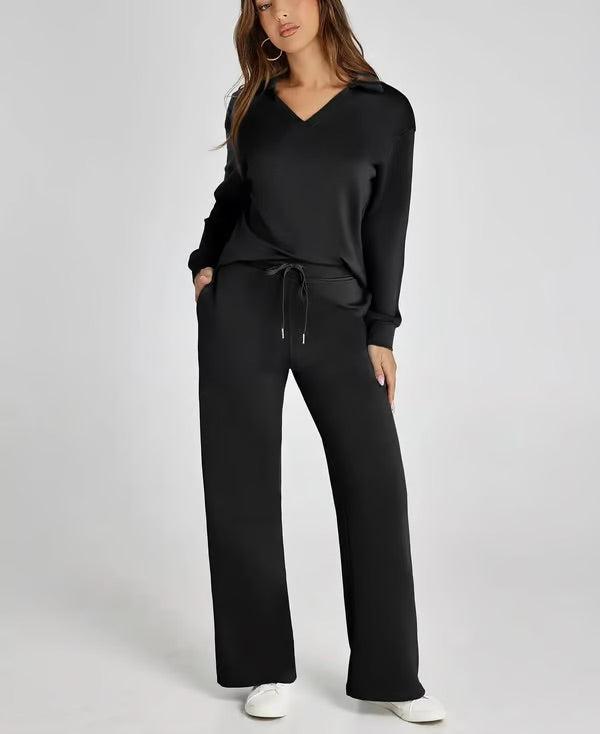 Women's Two-Piece Set with V-Neck Sweatshirt and Wide Pants – Comfortable & Stylish – For Autumn/Winter