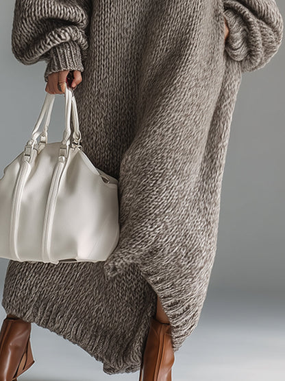 Ladies' Knitted Long Dress with Round Neck in Speckled Khaki