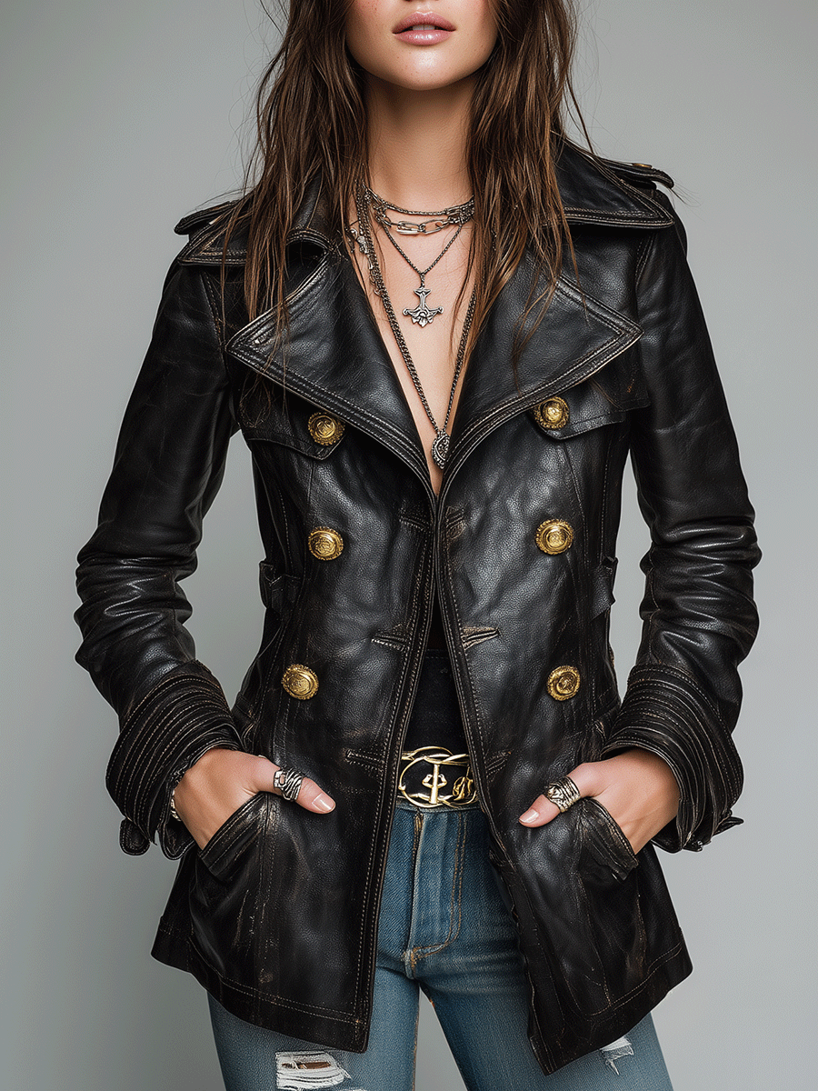 Ladies' Double-Breasted Faux Leather Coat – Old-Fashioned Style